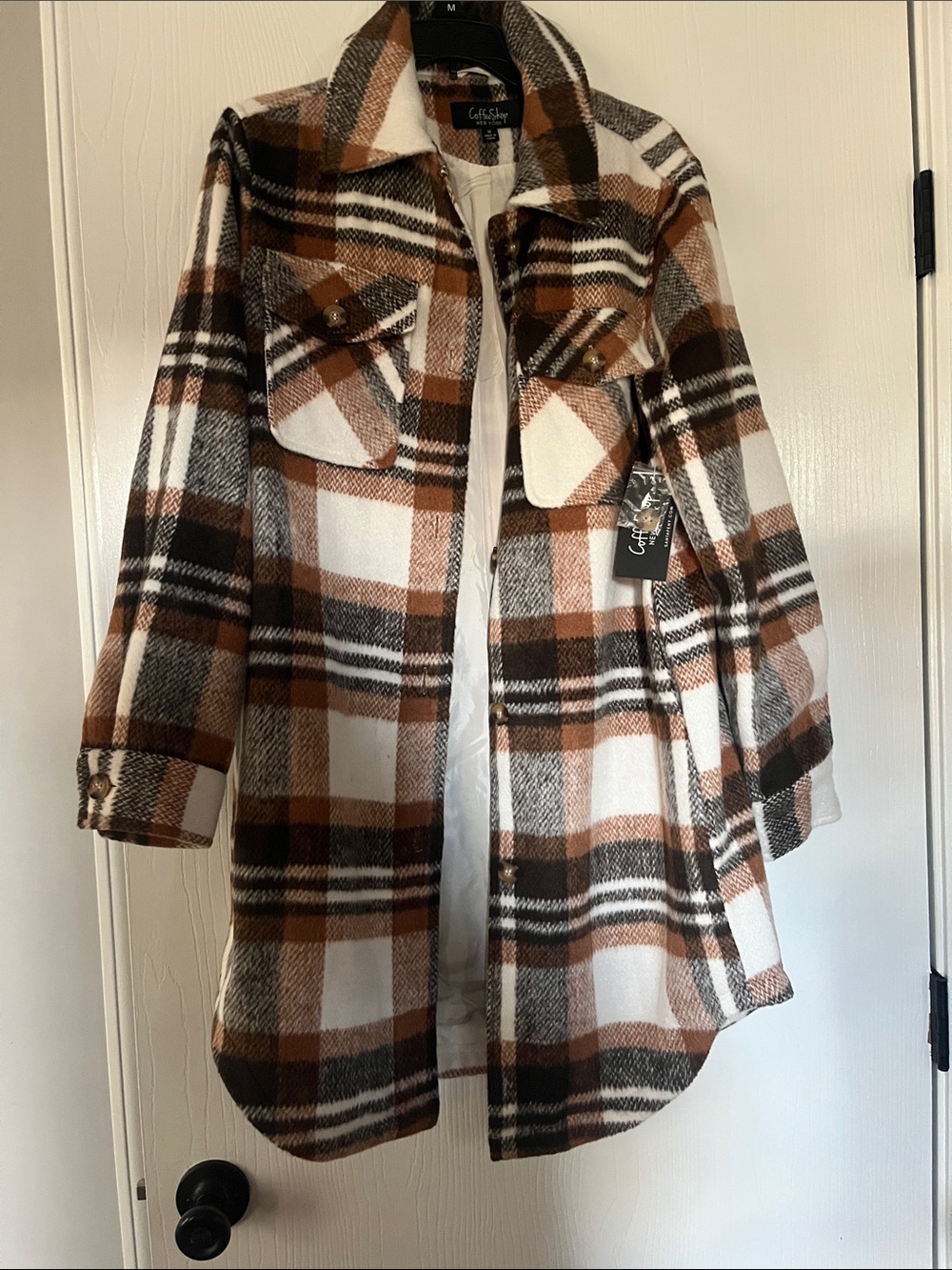 CoffeeShop Brown Black and White Plaid Utility Shacket